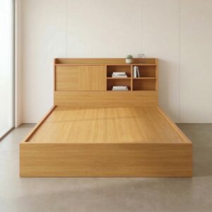 Giường Bệt Gỗ Hiện Đại Đầu Giường Tích Hợp Kệ Sách & Tủ Cánh Lùa