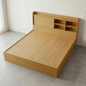 Giường Bệt Gỗ Hiện Đại Đầu Giường Tích Hợp Kệ Sách & Tủ Cánh Lùa