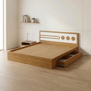 Giường Bệt Gỗ Hiện Đại Đầu Giường Phối Trắng Họa Tiết Tròn