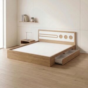 Giường Bệt Gỗ Hiện Đại Đầu Giường Phối Trắng Họa Tiết Tròn