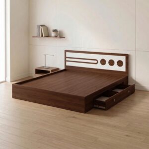 Giường Bệt Gỗ Hiện Đại Đầu Giường Phối Trắng Họa Tiết Tròn