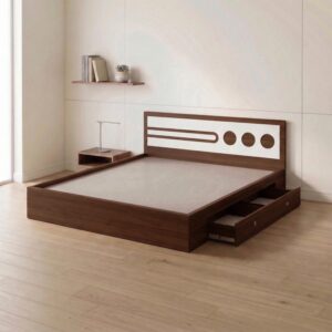 Giường Bệt Gỗ Hiện Đại Đầu Giường Phối Trắng Họa Tiết Tròn