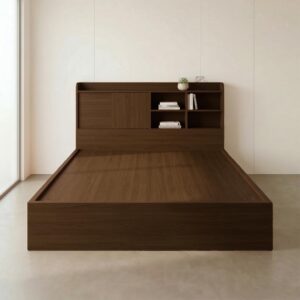 Giường Bệt Gỗ Hiện Đại Đầu Giường Tích Hợp Kệ Sách & Tủ Cánh Lùa