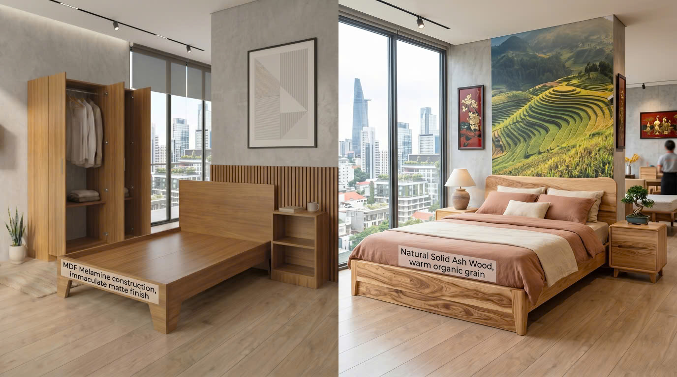 So sánh giường ngủ MDF phủ Melamine và giường gỗ tự nhiên cho phòng ngủ