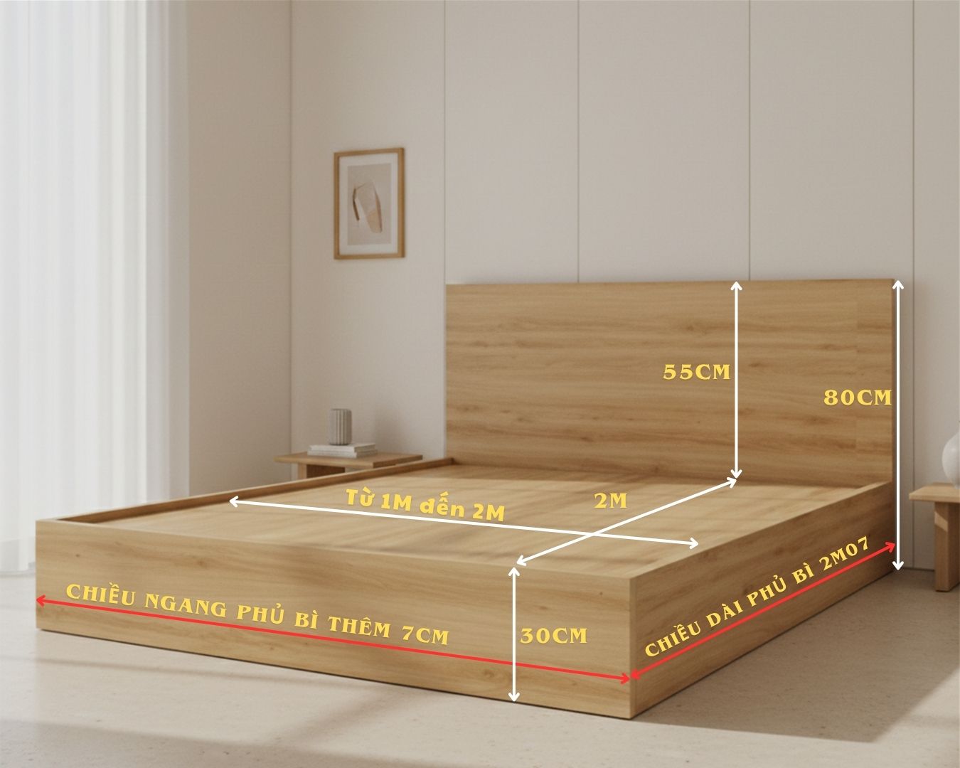 Bảng hướng dẫn chọn kích thước giường bệt theo diện tích phòng ngủ