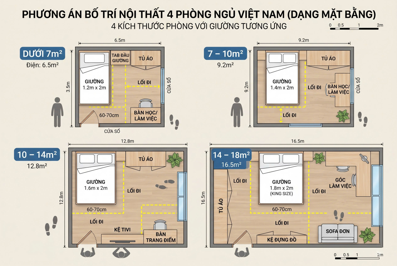 Bảng chọn size giường ngủ theo diện tích phòng từ dưới 7m2 đến trên 18m2