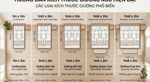 Bảng chọn size giường ngủ theo diện tích phòng từ dưới 7m2 đến trên 18m2