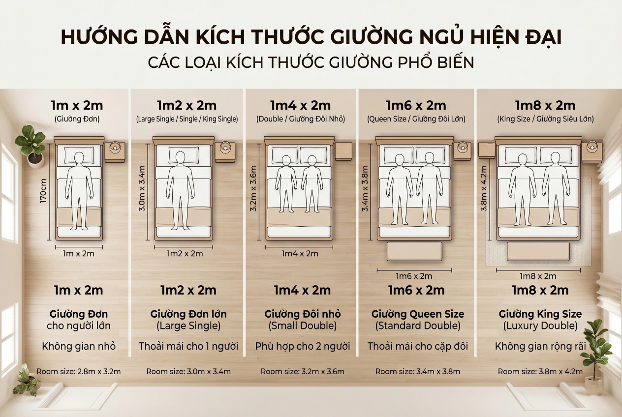 Bảng chọn size giường ngủ theo diện tích phòng từ dưới 7m2 đến trên 18m2