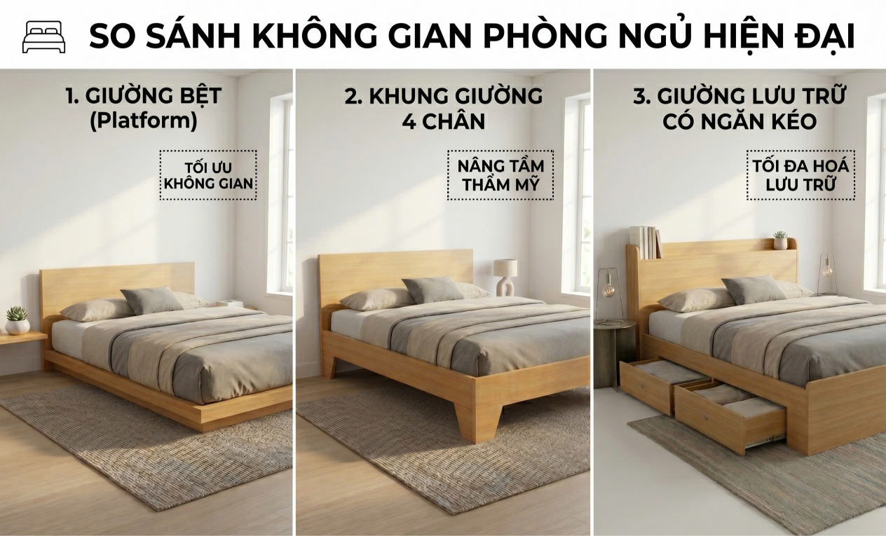 So sánh kích thước giường bệt giường 4 chân và giường có ngăn kéo
