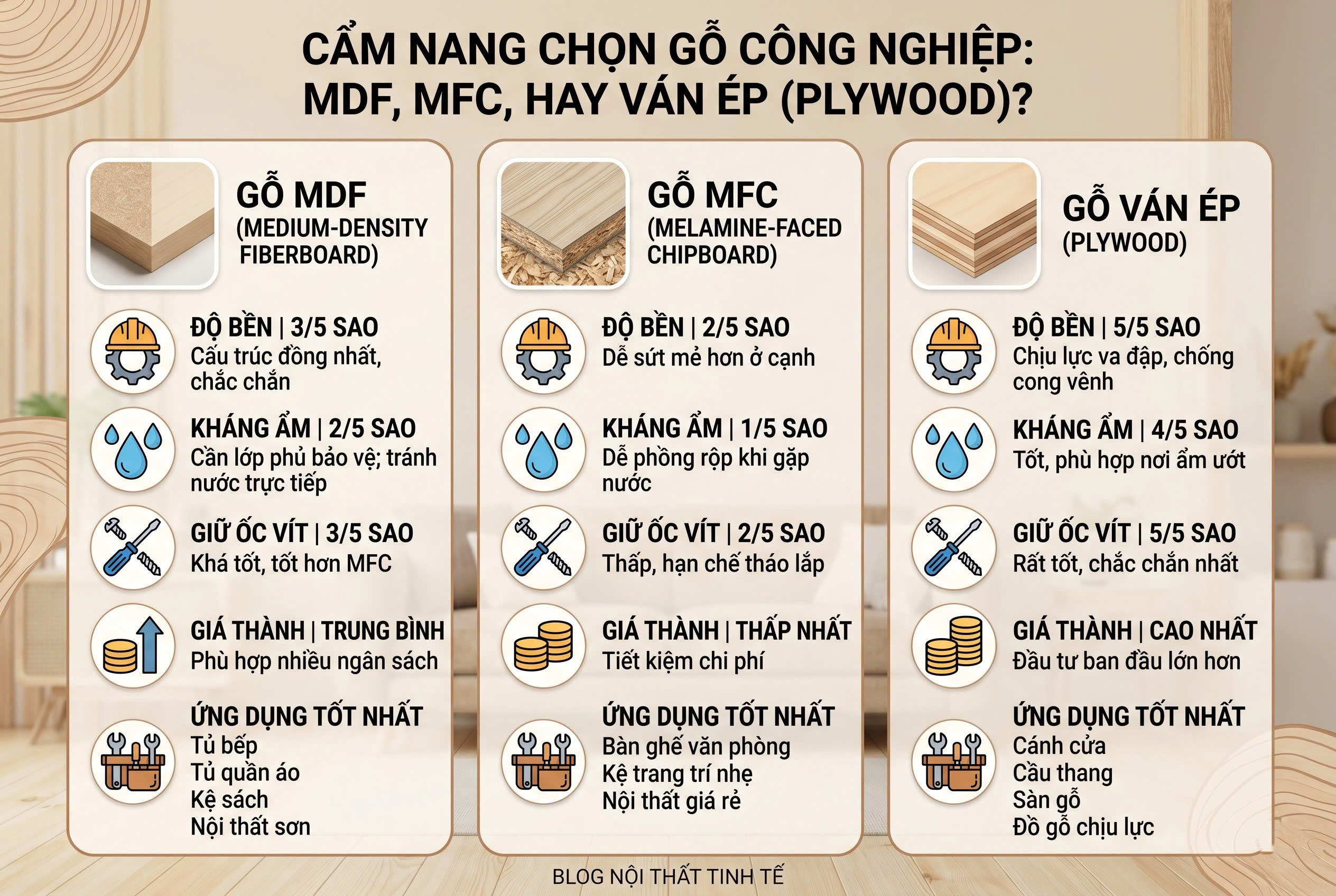 So sánh MDF MFC Plywood trong sản xuất nội thất gỗ công nghiệp