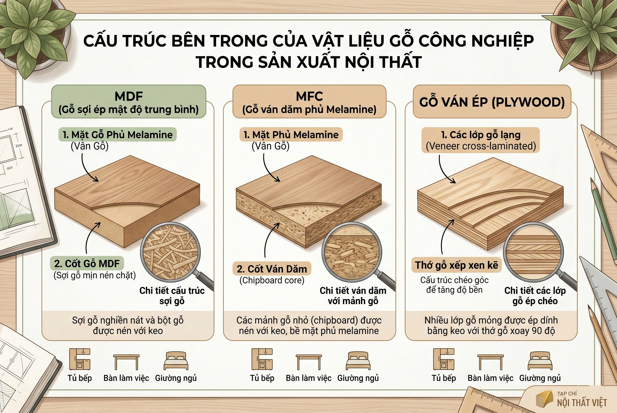 Bảng trực quan so sánh cấu tạo MDF MFC và Plywood