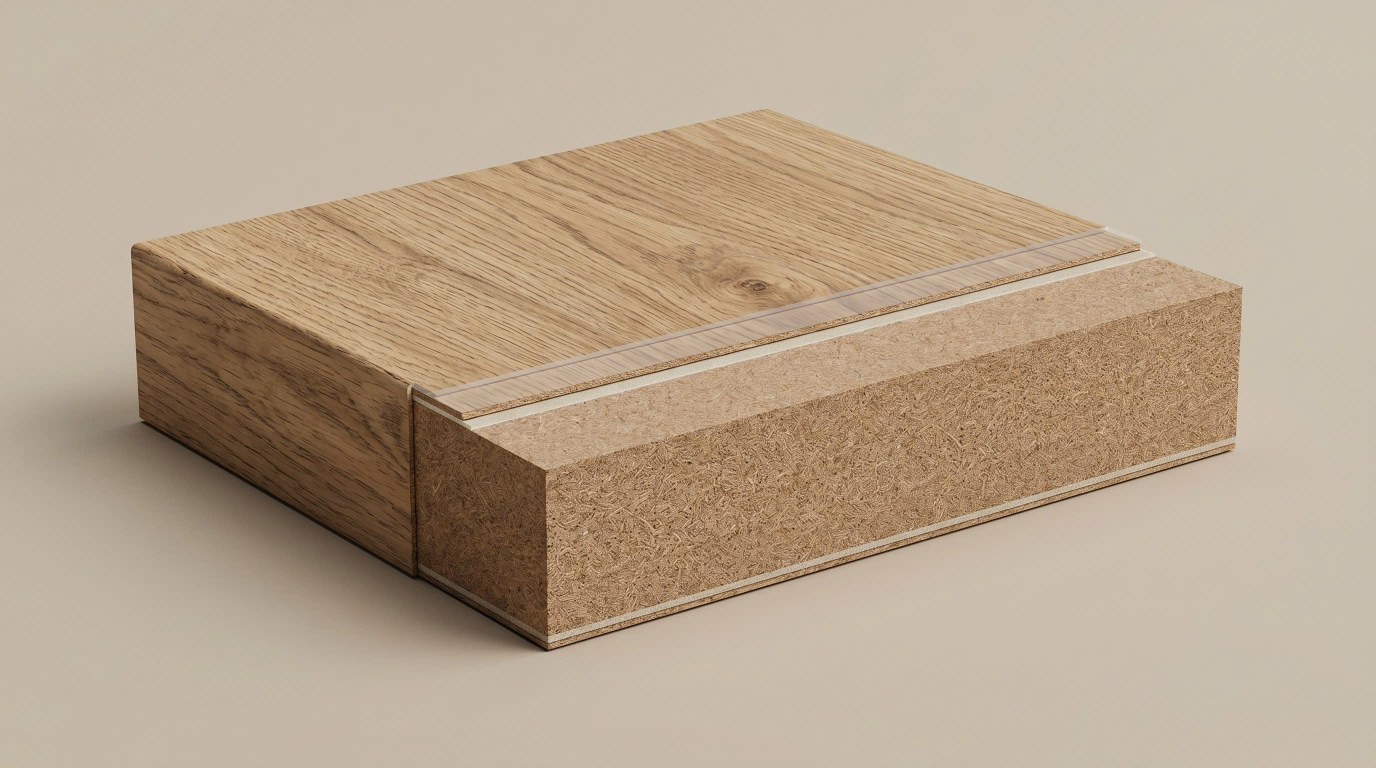 Three premium furniture surface samples placed side by side: Melamine wood grain, Laminate matte surface, natural Veneer wood texture, modern minimal composition, close-up material photography, warm natural lighting, no text, no labels, 16:9 ratio