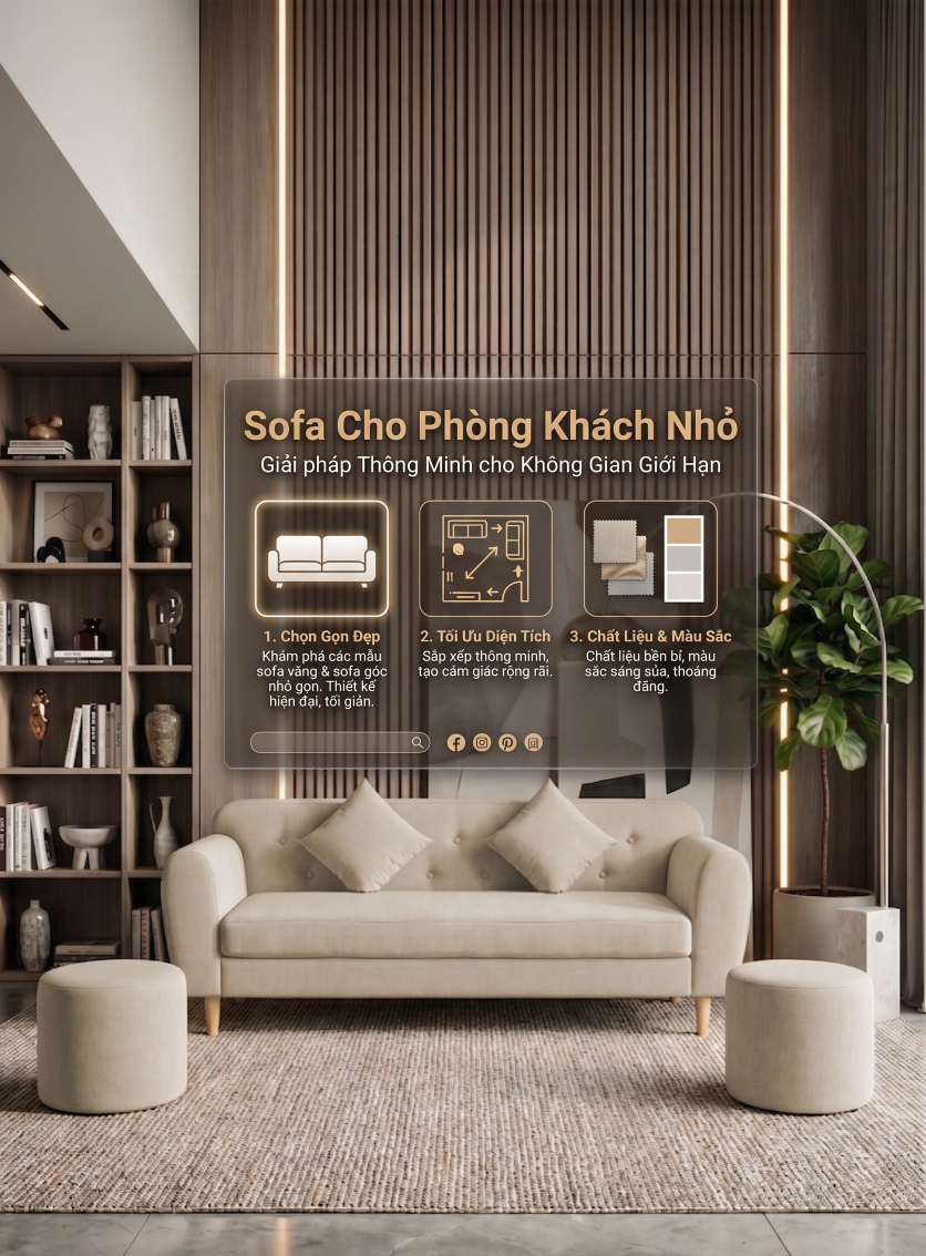 Phối cảnh sofa bed hiện đại cho phòng khách nhỏ với bàn trà và kệ tivi