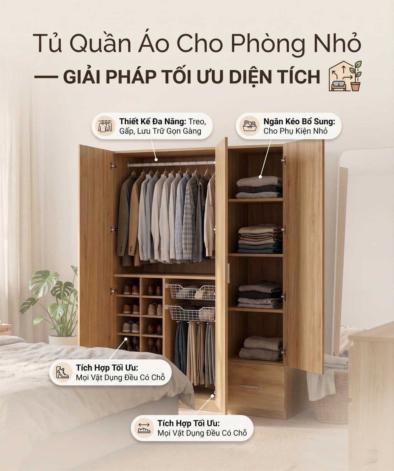 Tủ quần áo cho phòng nhỏ thiết kế hiện đại tiết kiệm diện tích