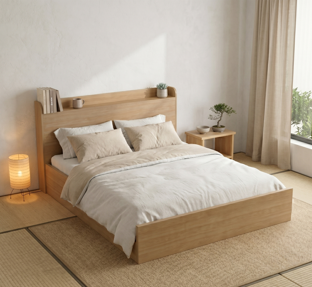 Giường bệt kiểu Nhật tối giản với nệm tatami trong phòng ngủ sáng