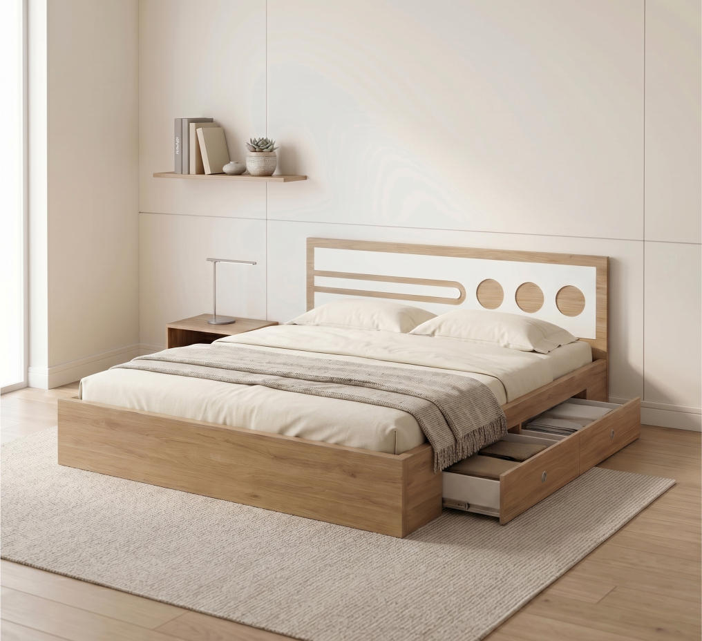 Giường bệt gỗ hiện đại với kệ đầu giường và ngăn kéo lưu trữ