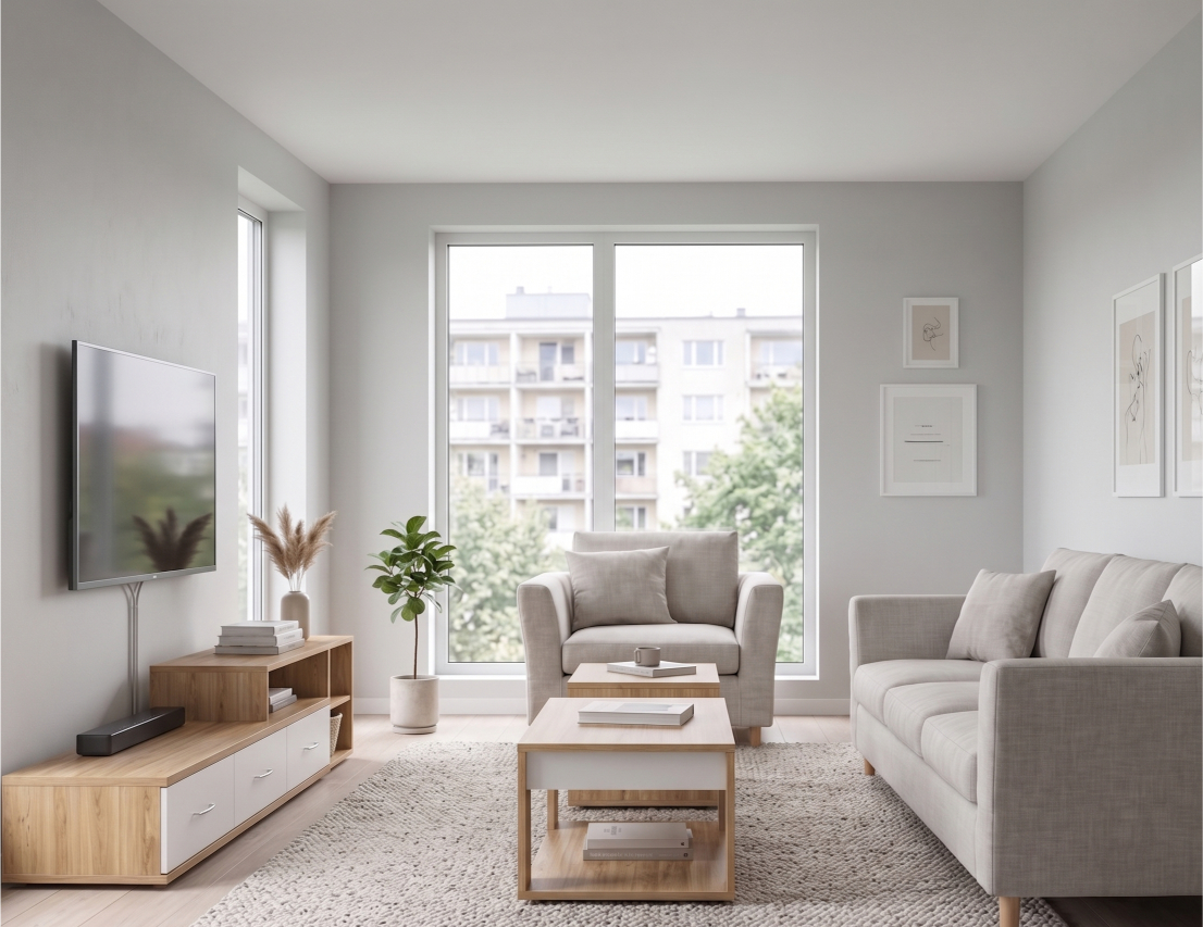 Kệ tivi phòng khách kết hợp bàn trà và sofa tạo không gian đồng bộ