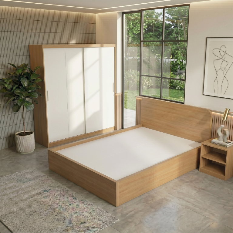 Bố trí nội thất phòng ngủ 10m² với giường bệt, tủ lùa và bàn trang điểm nhỏ