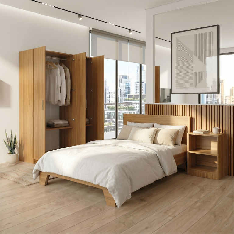 Phòng ngủ nhỏ 10m² với gam màu sáng và gương tạo cảm giác rộng